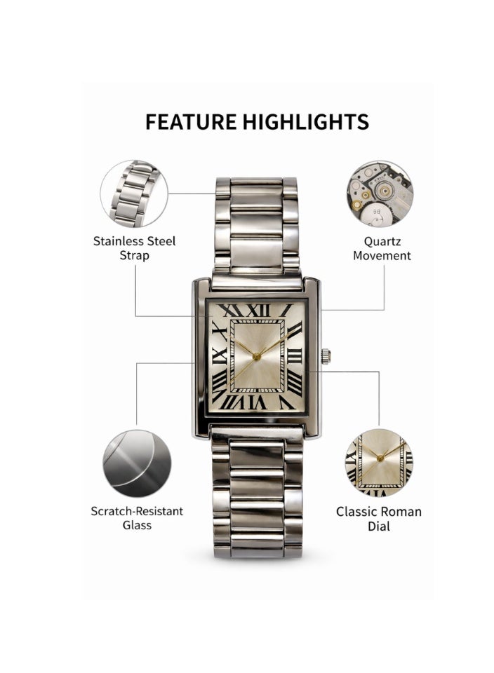 MOSH Luxury Stainless Steel Quartz Watch – Classic Rectangle Roman Dial Wrist Watch for Men & Women with Elegant Metal Strap - Image 2