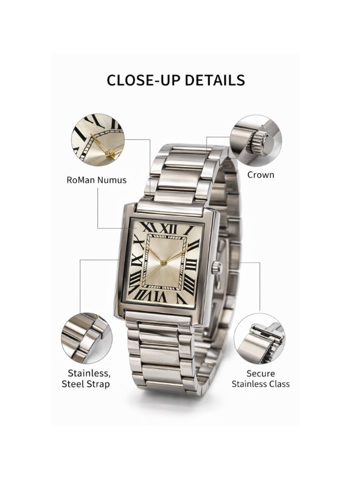 MOSH Luxury Stainless Steel Quartz Watch – Classic Rectangle Roman Dial Wrist Watch for Men & Women with Elegant Metal Strap - Image 3