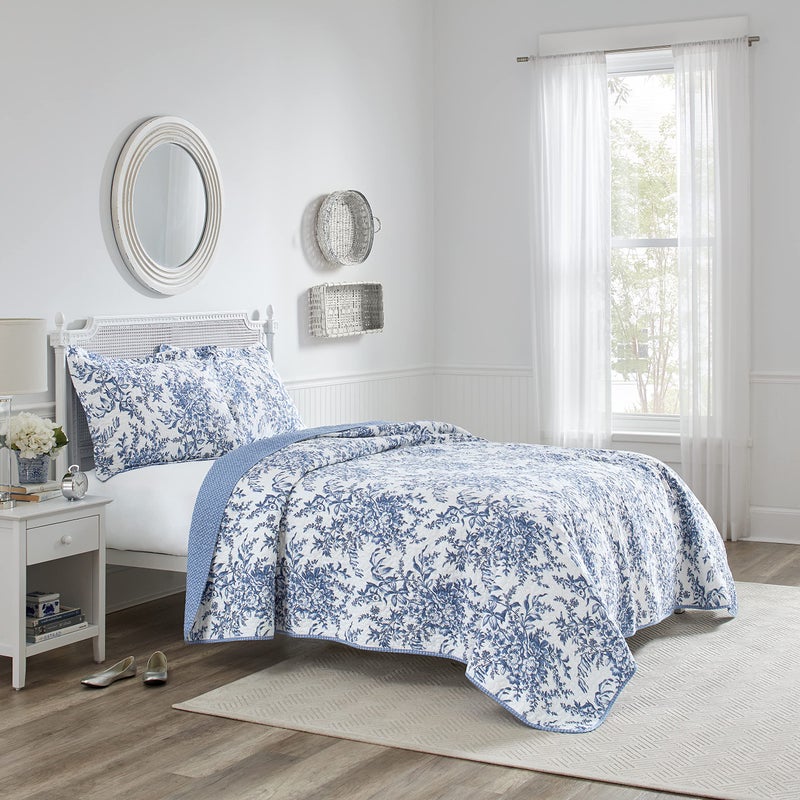 Laura Ashley - Twin Quilt Set, Reversible Cotton Bedding with Matching Sham, Medium-Weight for Year Round Use, Dorm Essentials (Bedford Delft Blue) - Image 2