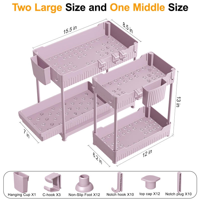 Sevenblue 3 Pack Under Sink Organizers, 2-Tier Multi-Use Kitchen and Bathroom Organizers and Storage with Sliding Drawers, Bathroom Cabinet Organizer (Pink, 12.8 Inch) - Image 4