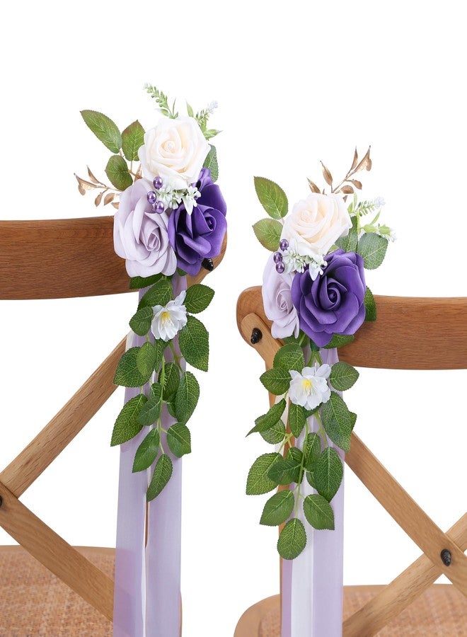 DreamBuilt Set of 10 Wedding Aisle Decorations for Ceremony, Purple Pew Flowers for Church Chair Decorations, Chair Back Floral Decorations with Chiffon Ribbon - Image 1