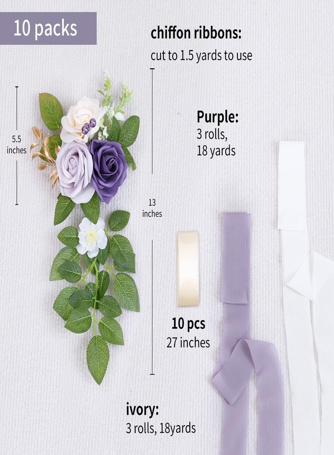 DreamBuilt Set of 10 Wedding Aisle Decorations for Ceremony, Purple Pew Flowers for Church Chair Decorations, Chair Back Floral Decorations with Chiffon Ribbon - Image 2
