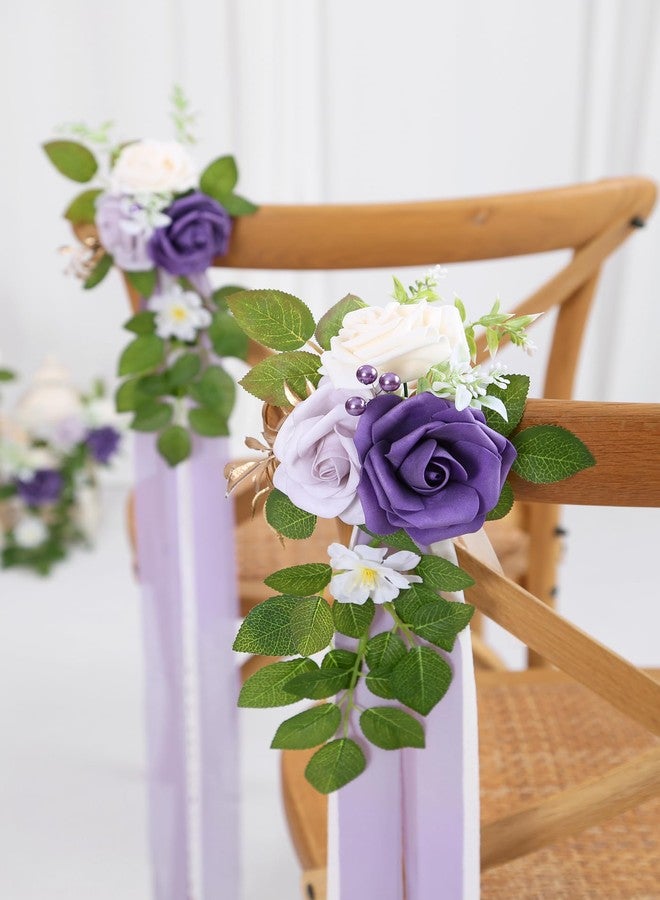 DreamBuilt Set of 10 Wedding Aisle Decorations for Ceremony, Purple Pew Flowers for Church Chair Decorations, Chair Back Floral Decorations with Chiffon Ribbon - Image 3