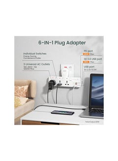 Lencent Multi Plug Extension Socket 3 Way Electrical Outlet Extender Pd And Qc 3.0 20W Usb Wall Charger 6 In 1 Universal Plug Adapter Charging Station For Home Office Kitchen Individually Switched  - Image 2