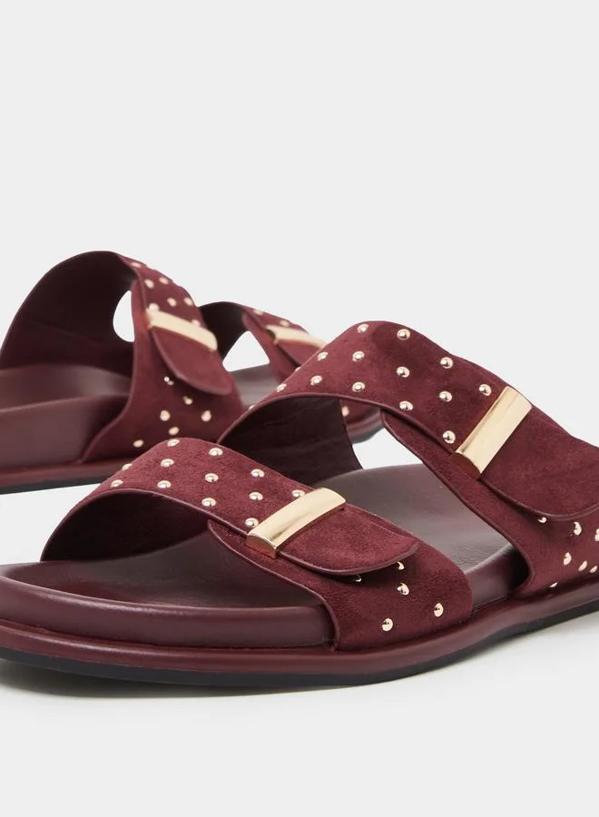 Styli  Burgundy Studded Flat Comfort Sandals for Women | Best Price UAE