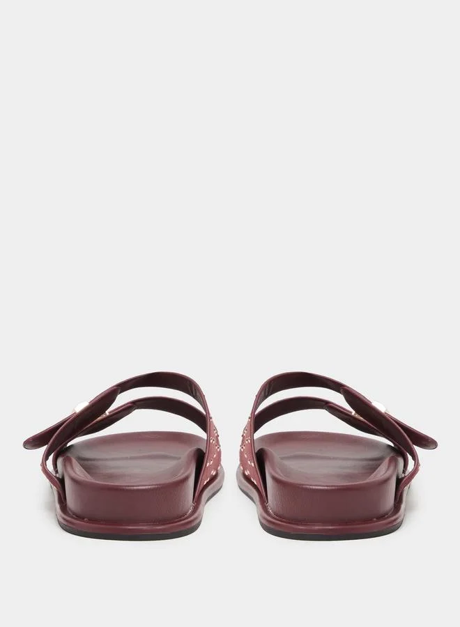 Styli  Burgundy Studded Flat Comfort Sandals for Women | Best Price UAE