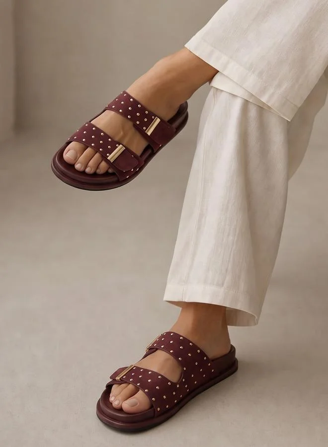 Styli  Burgundy Studded Flat Comfort Sandals for Women | Best Price UAE
