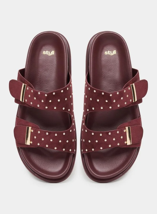 Styli  Burgundy Studded Flat Comfort Sandals for Women | Best Price UAE