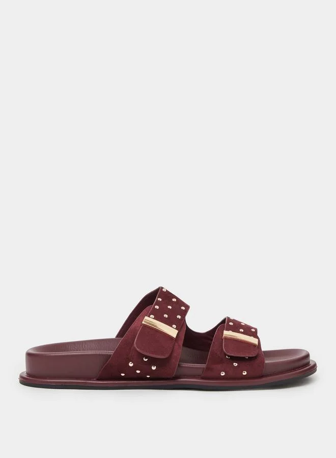 Styli Burgundy Studded Flat Comfort Sandals
