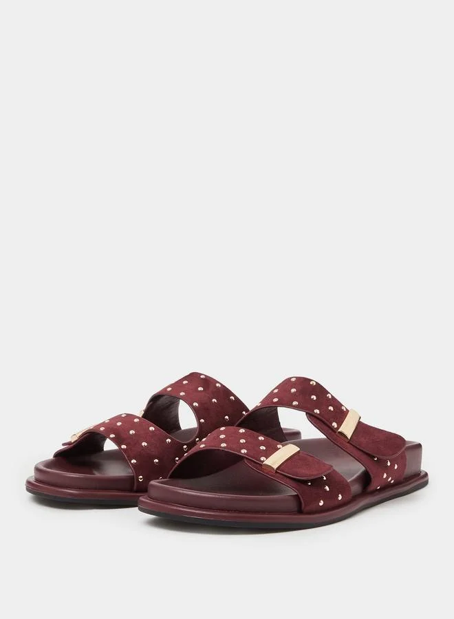 Styli Burgundy Studded Flat Comfort Sandals
