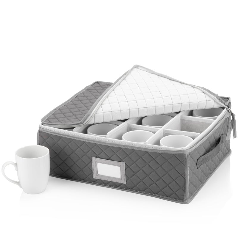 Stack Store Plus More China Cup Storage Chest Quilted Fabric Container in Gray Measuring 16 x 13 x 6H Perfect Storage Case for Coffee Mugs Tea Cups Mason Jars Glassware