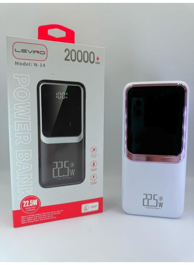 N-14 20000mAh Power Bank 22.5W Super Fast Charging with LED Display, Type-C & USB Output – White 1 Year Warranty