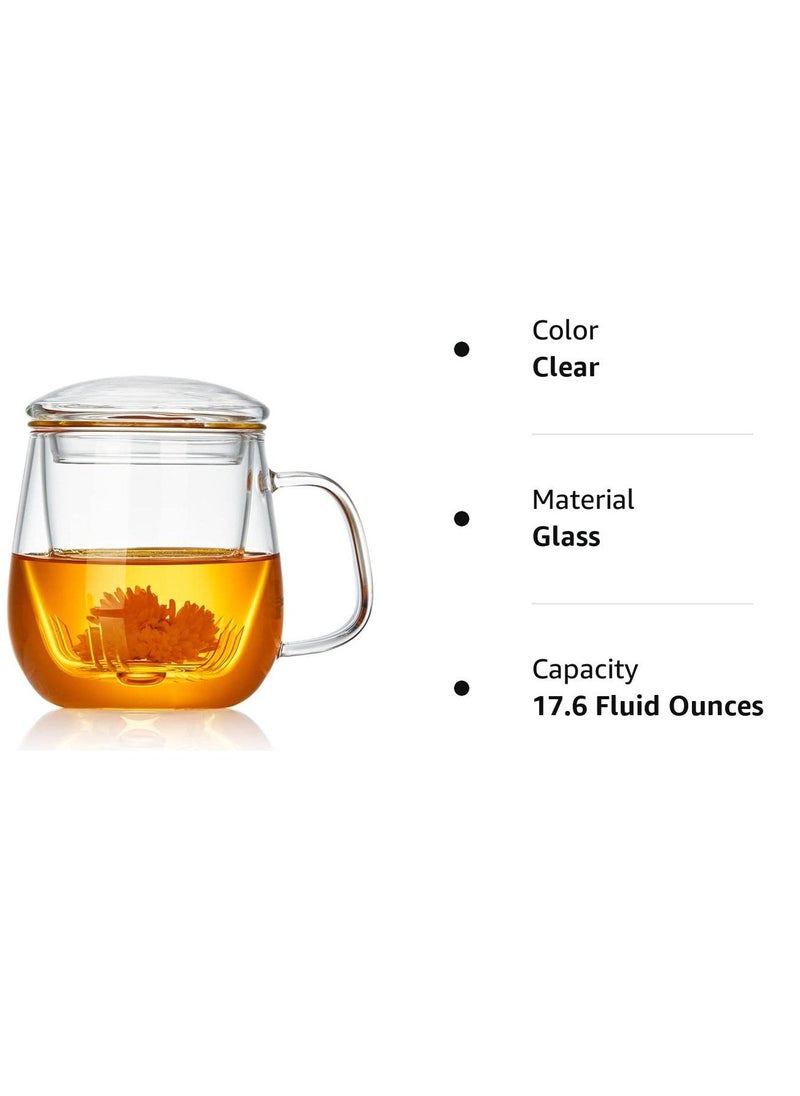 KASTWAVE - Glass Tea Cup with Infuser and Lid, 17.6 ounce Glass Tea Cups with Strainer, Loose Leaf Tea Cup Mug for One, Lead-free Borosilicate Glass Teacups, Clear Teacup for Loose Leaf Tea - Image 1