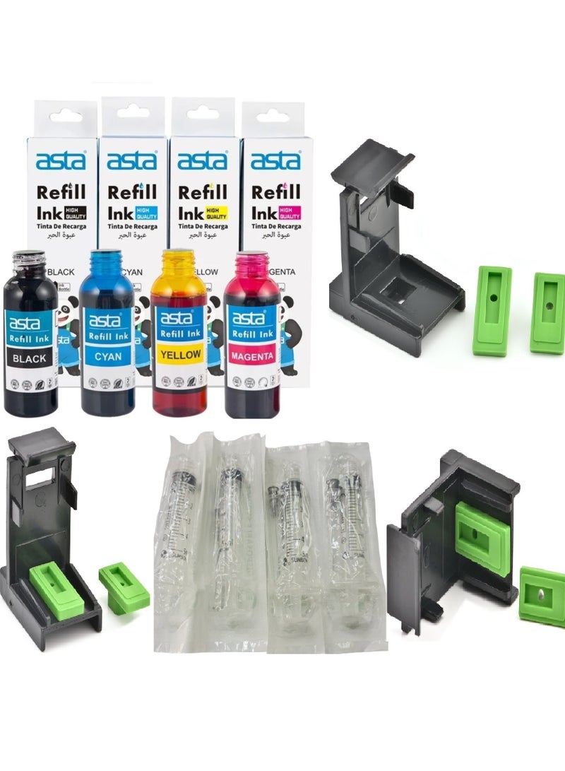 Asta Liquid Ink for Refilling Canon HP and Epson Cartridges 4 colors 100ML, One Ink Refill kit head for hp canon Black & Color Ink Cartridge Head Cleaning with four refill syringes. - Image 1