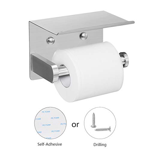 VAEHOLD Self Adhesive Toilet Paper Holder with Phone Shelf Stainless Steel Wall Mounted Toilet Paper Roll Holder - Rustproof and Bathroom Washroom Tissue Roll Holder with Storage Shelf - Silver - Image 2