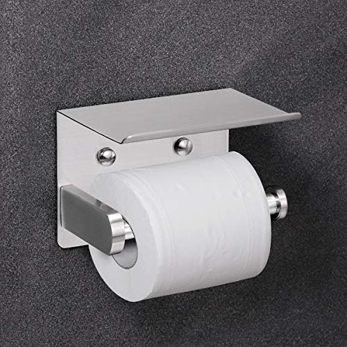 VAEHOLD Self Adhesive Toilet Paper Holder with Phone Shelf Stainless Steel Wall Mounted Toilet Paper Roll Holder - Rustproof and Bathroom Washroom Tissue Roll Holder with Storage Shelf - Silver - Image 4