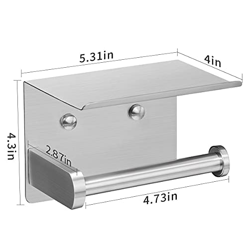 VAEHOLD Self Adhesive Toilet Paper Holder with Phone Shelf Stainless Steel Wall Mounted Toilet Paper Roll Holder - Rustproof and Bathroom Washroom Tissue Roll Holder with Storage Shelf - Silver - Image 5