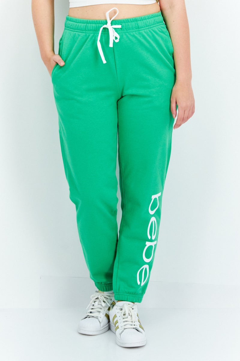 bebe Women Regular Fit Brand Logo Jogger Pants, Green - Image 1