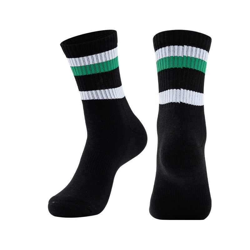 Generic Badminton Socks Striped Thickened Towel Bottom Middle Socks Student Sports Socks Training Tennis Socks Outdoor Running Socks Black and white green 