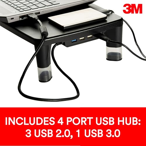 3M Adjustable Monitor Stand with 4-Port USB Hub, Black, Great for Computer Monitors, Laptops, TVs, Speakers, Printers and More - Image 3