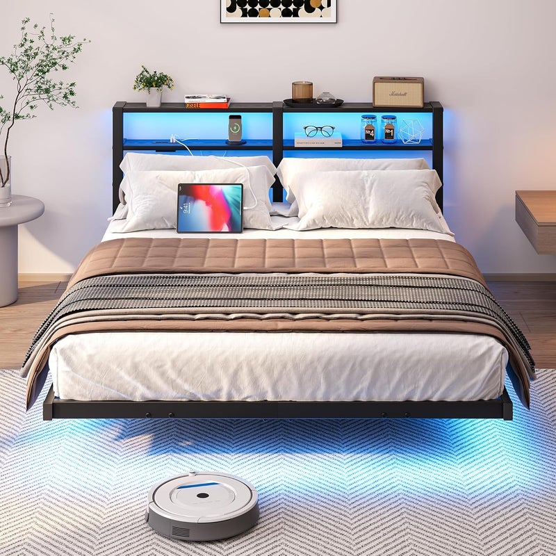 إطار سرير ملكي عائم مع أضواء LED ومحطة شحن USB، سرير منصة معدني مع رفين تخزين، شرائح متينة مقاومة للضوضاء، أسود - Image 1