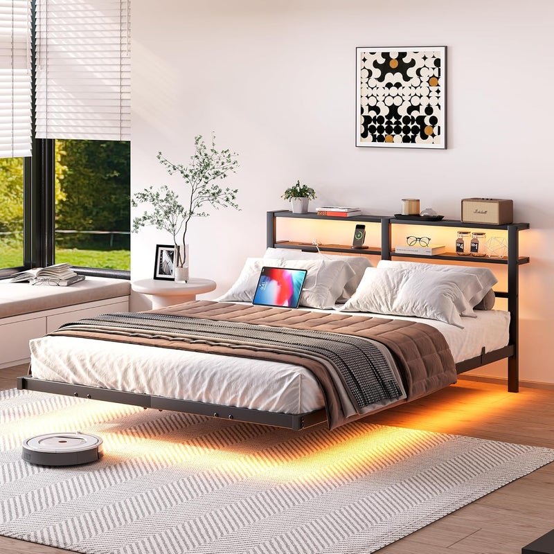 إطار سرير ملكي عائم مع أضواء LED ومحطة شحن USB، سرير منصة معدني مع رفين تخزين، شرائح متينة مقاومة للضوضاء، أسود - Image 3