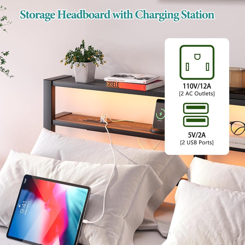إطار سرير ملكي عائم مع أضواء LED ومحطة شحن USB، سرير منصة معدني مع رفين تخزين، شرائح متينة مقاومة للضوضاء، أسود - Image 5