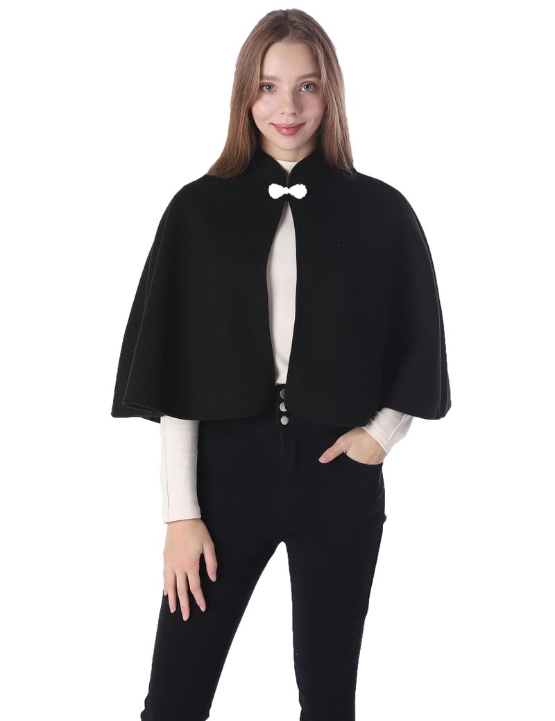 Baoqiya Wool Blend Capelet Capes Hooded Warm Poncho Bridal Stole Cape shawl for women (Black) - Image 1