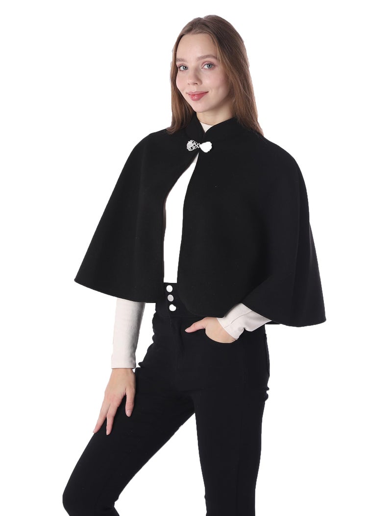 Baoqiya Wool Blend Capelet Capes Hooded Warm Poncho Bridal Stole Cape shawl for women (Black) - Image 2