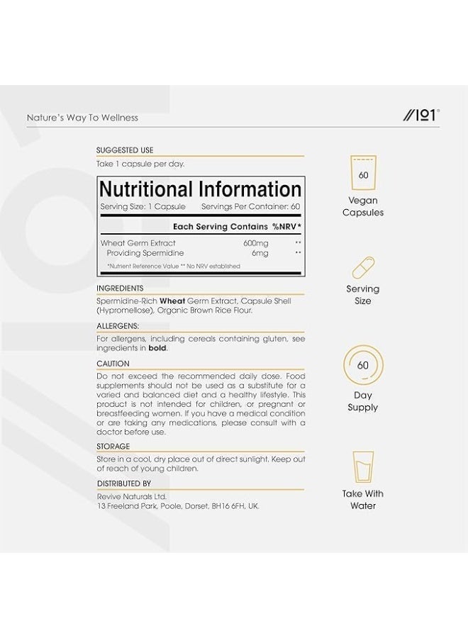 ALPHA01 Spermidine Wheat Germ 600 mg – Supports Cellular Health & Longevity, 60 Capsules - Image 4