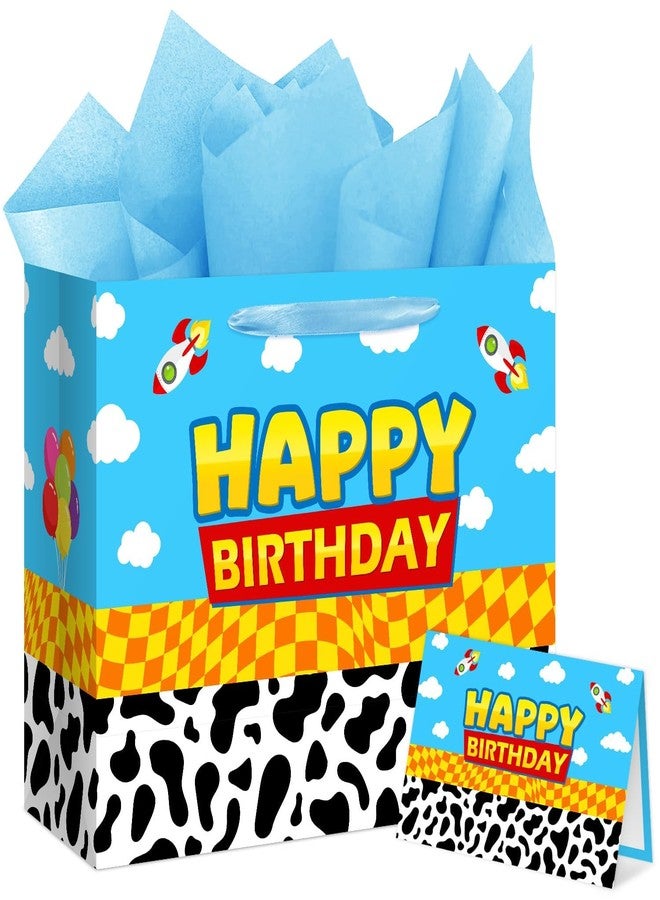 Reyoust 13" Large Toy Gift Bag with Card and Tissue Paper Toy Inspired Story Present Bag for Happy Birthday Blue Cartoon Party Decorations 1Pcs 13" L x 10.2" H x 4.9" D - Image 1