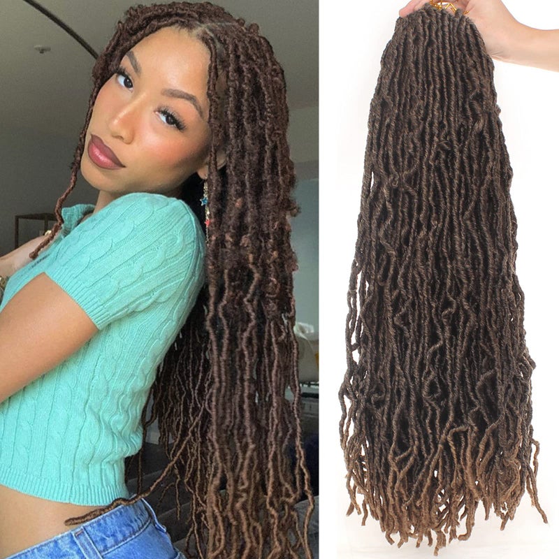 Leeven 24 Inch Omber Brown Distressed Soft Locs Crochet Hair 7 Packs Prelooped Long Faux Locs Crochet Braids Hair 12 StrandsPack Messy Goddess Locs Crochet Hair For Women T27