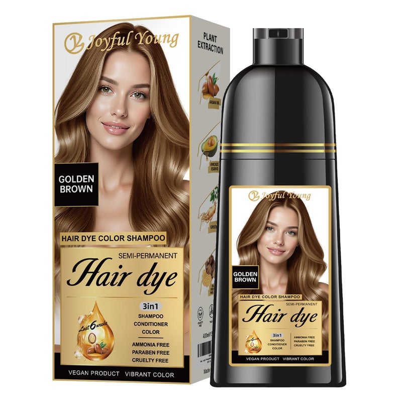 Joyful Young Hair Dye Shampoo 3-in-1, Golden Brown Semi-Permanent Gray Hair Coverage, Color Depositing Shampoo for Women & Men, Vegan, Ammonia-Free - Image 1