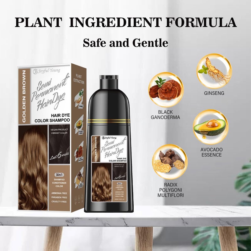 Joyful Young Hair Dye Shampoo 3-in-1, Golden Brown Semi-Permanent Gray Hair Coverage, Color Depositing Shampoo for Women & Men, Vegan, Ammonia-Free - Image 2