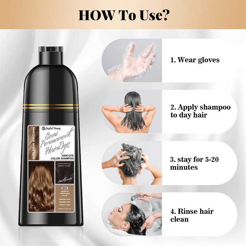 Joyful Young Hair Dye Shampoo 3-in-1, Golden Brown Semi-Permanent Gray Hair Coverage, Color Depositing Shampoo for Women & Men, Vegan, Ammonia-Free - Image 5