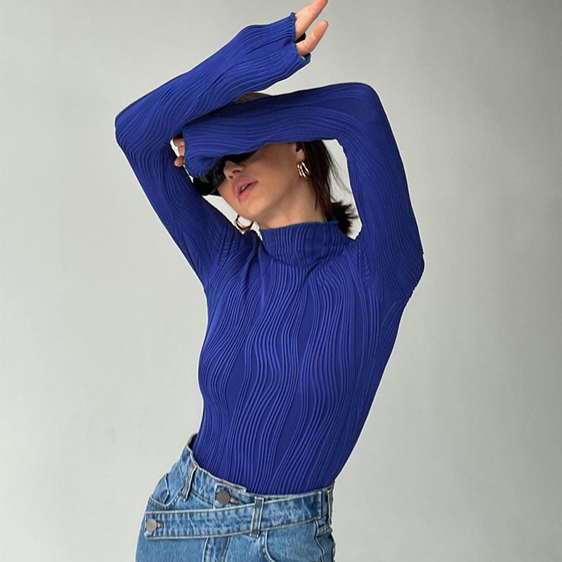 2024 Early Autumn New Elegant Klein Blue Bottoming Shirt Printed T-Shirt Long-Sleeved Tight Top Turtleneck Knitwear - Image 5