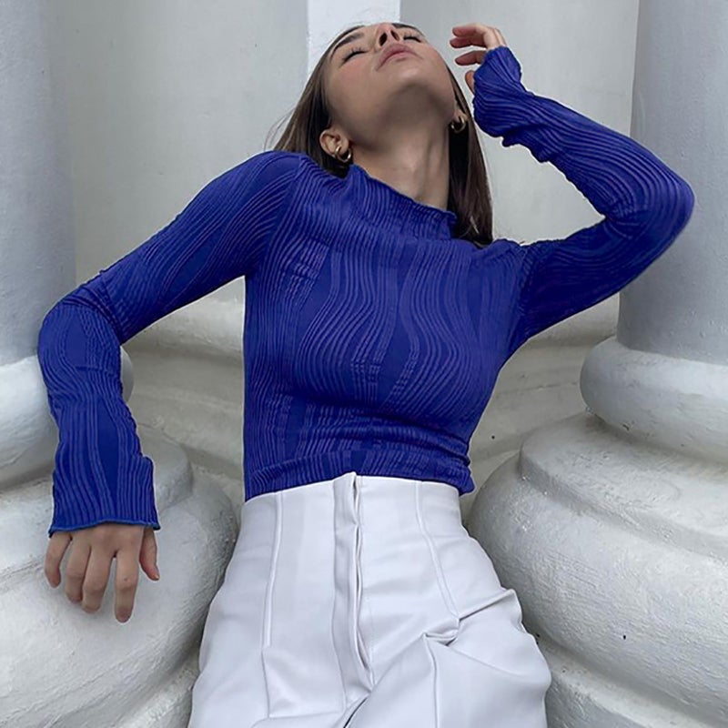 2024 Early Autumn New Elegant Klein Blue Bottoming Shirt Printed T-Shirt Long-Sleeved Tight Top Turtleneck Knitwear - Image 4