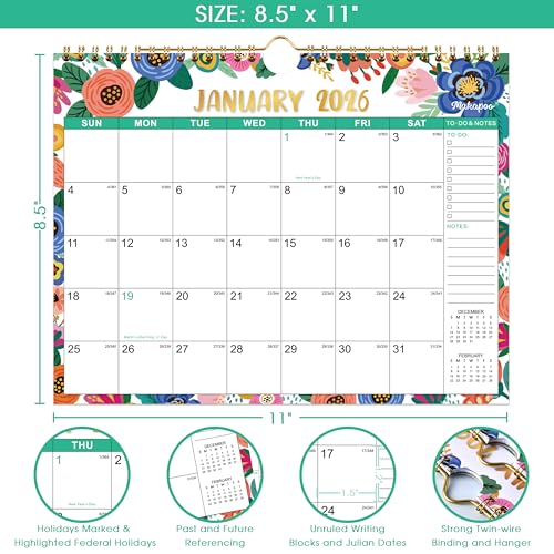 Makapoo Calendar 2026 - Wall Calendar 2026, Jan. 2026 to Dec. 2026, 11" x 8.5", 12 Monthly Wall Calendar 2026 with Thick Paper + Julian Date - Floral - Image 3