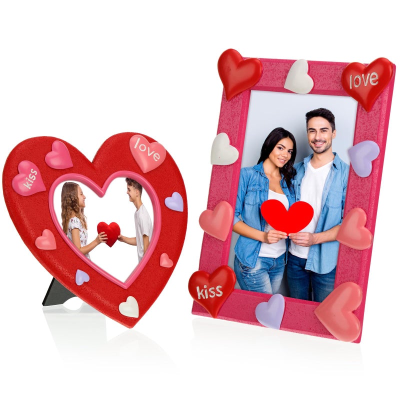 Eersida 2 Pcs Valentines Day Heart Shaped Picture Frame 4 x 4 Kiss Love Picture Frame 4 x 6 Resin Couples Picture Frame Hot Pink Red Heart for Wedding Birthday Women Lovers Couple Gifts