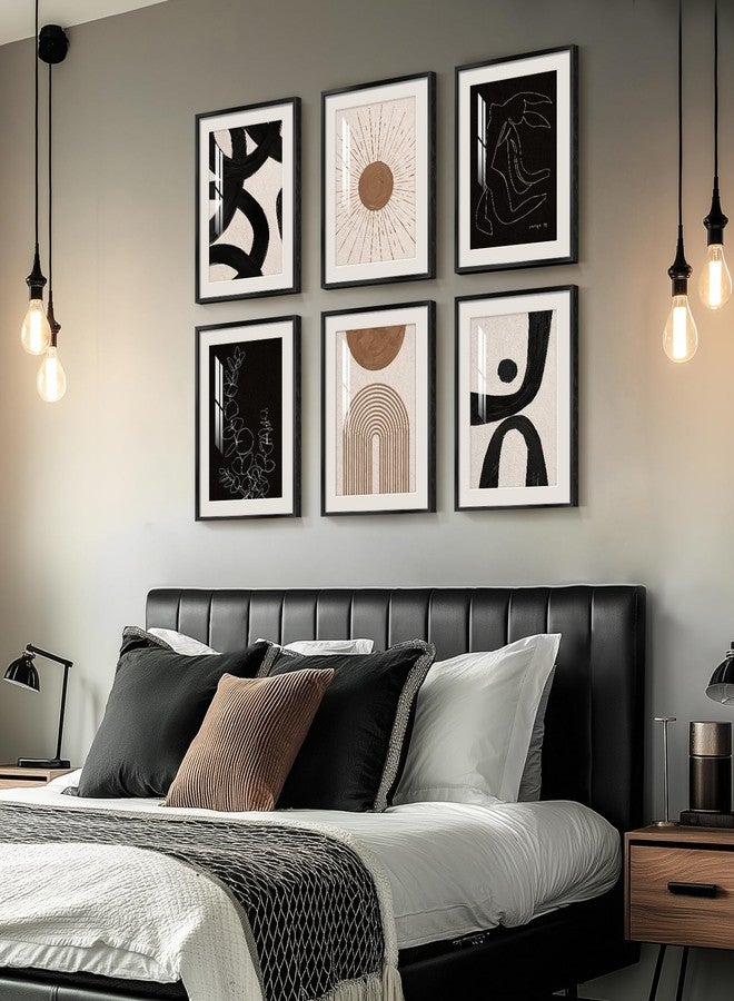 Cuspin Framed Boho Black and White Brown Modern Abstract Wall Art for Living Room, Set of 6 Bohemian Wall Hanging Artwork, Minimalist Sun Geometric Pictures for Bedroom Office Bathroom Wall Decor 11x14 Inch - Image 2