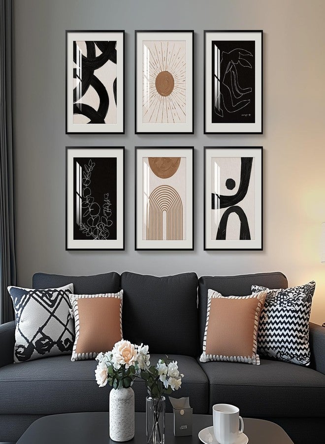 Cuspin Framed Boho Black and White Brown Modern Abstract Wall Art for Living Room, Set of 6 Bohemian Wall Hanging Artwork, Minimalist Sun Geometric Pictures for Bedroom Office Bathroom Wall Decor 11x14 Inch - Image 1