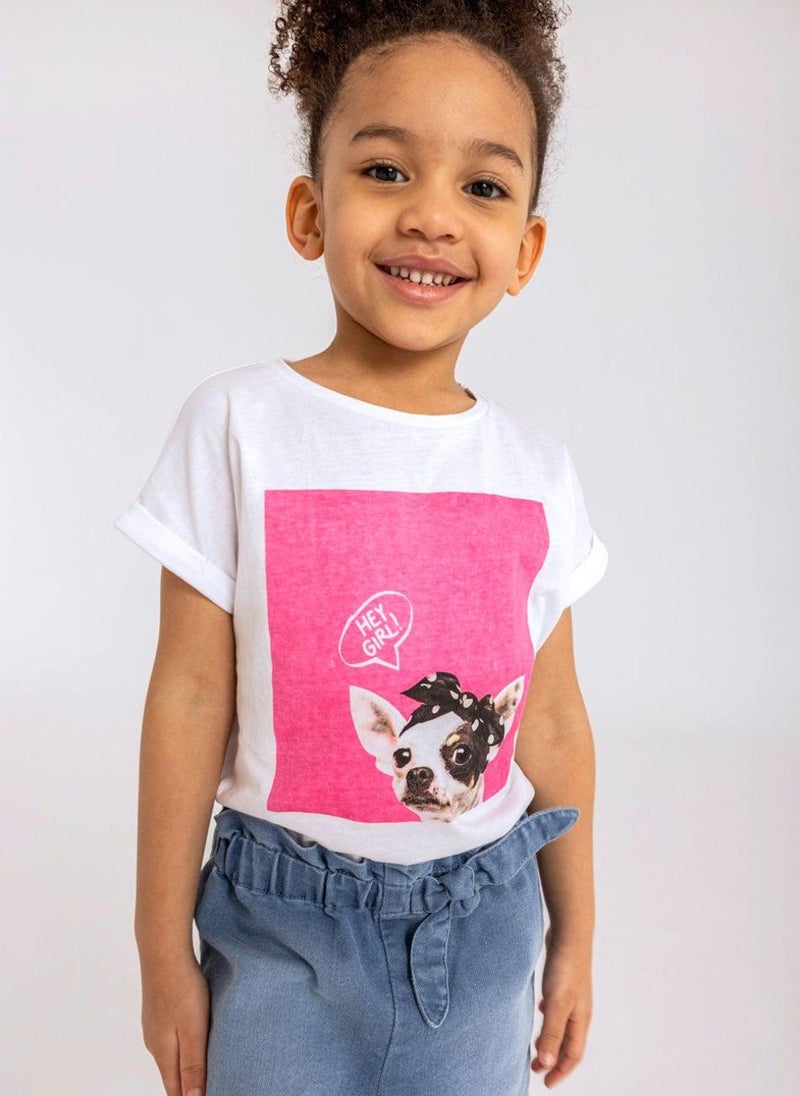 MINOTI Girls T-shirt with rolled sleeves and print white - Image 1