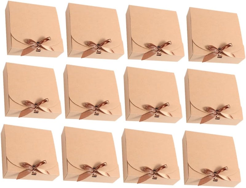 IMIKEYA 12pcs Kraft Paper Candy Boxes with Lids, Ribbon Bow Favor Packaging Boxes for Wedding, Shower, and Small Presents - Image 1