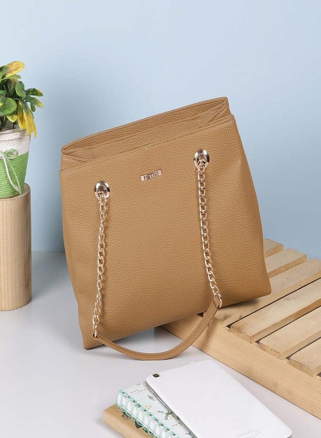 Metro Women Brown Faux Leather Shoulder Bag with Premium Metal Handles and Multiple Compartments (66-534) - Image 2