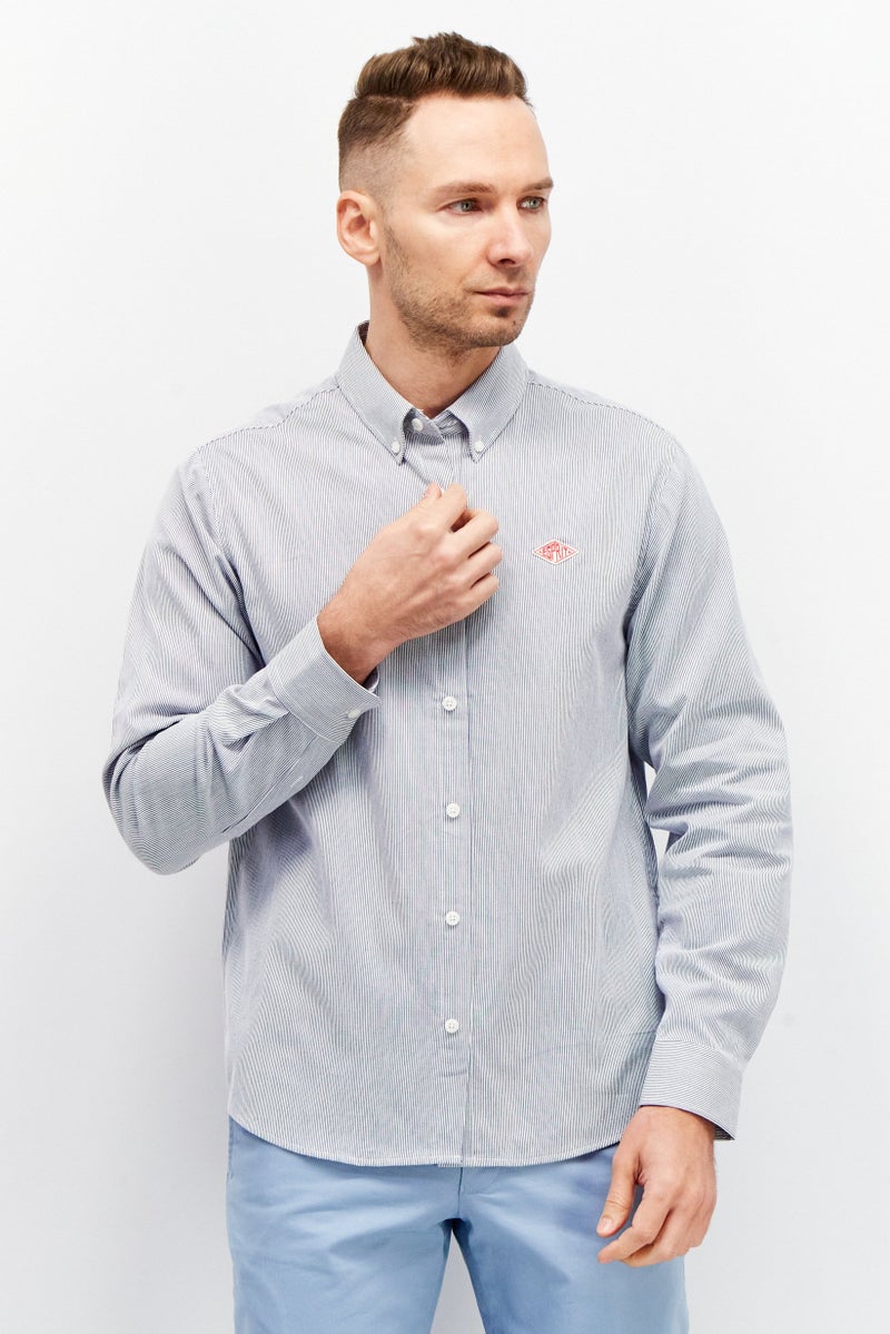ESPRIT Men Regular Fit Long Sleeve Micro Strip Casual Shirt, Navy  - Image 1