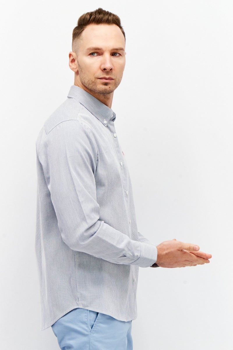 ESPRIT Men Regular Fit Long Sleeve Micro Strip Casual Shirt, Navy  - Image 3