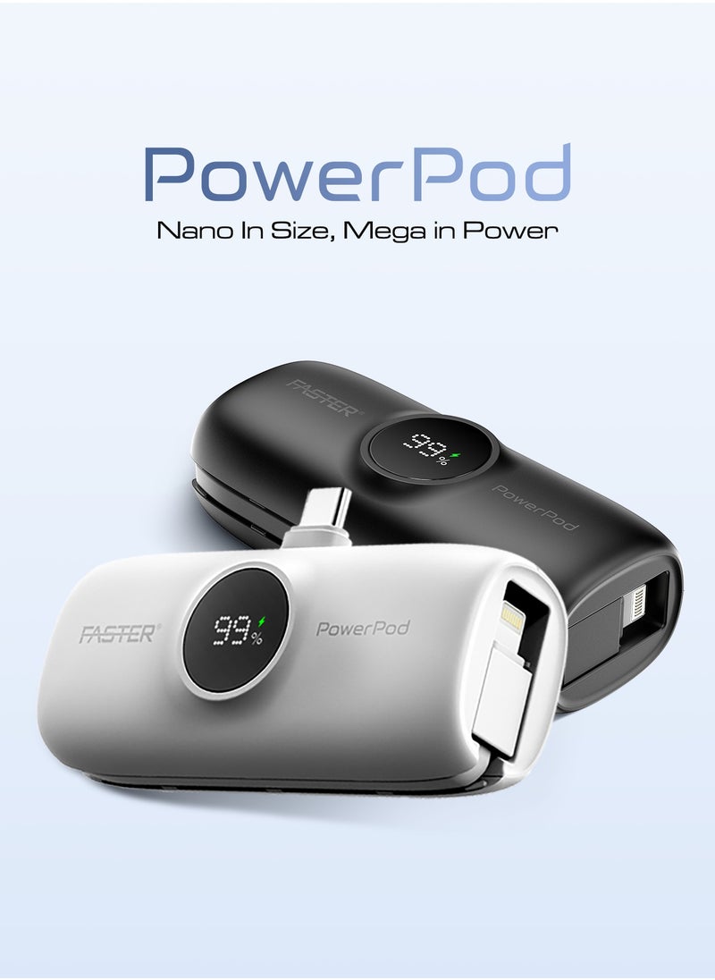 Faster S5K PowerPod, Mini Power Bank- Portable Powerbank LED Display, 20W Fast Charging, USB-C 5000mAh with Attached iPhone Cable- Portable Charger Compatible for iOS and Android- Built-in Connector Extend Power Pack Ultra Small, Ultra Compact Portable Mini Charger for Mobiles and Tablets (White)  - Image 3