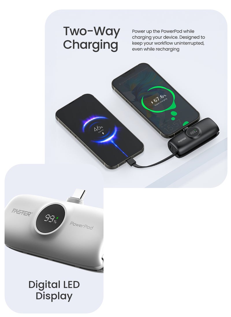 Faster S5K PowerPod, Mini Power Bank- Portable Powerbank LED Display, 20W Fast Charging, USB-C 5000mAh with Attached iPhone Cable- Portable Charger Compatible for iOS and Android- Built-in Connector Extend Power Pack Ultra Small, Ultra Compact Portable Mini Charger for Mobiles and Tablets (White)  - Image 4