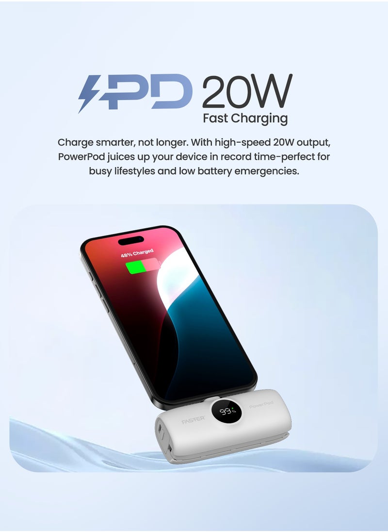 S5K PowerPod, Mini Power Bank- Portable Powerbank LED Display, 20W Fast Charging, USB-C 5000mAh with Attached iPhone Cable- Portable Charger Compatible for iOS and Android- Built-in Connector Extend Power Pack Ultra Small, Ultra Compact Portable Mini Charger for Mobiles and Tablets (White)