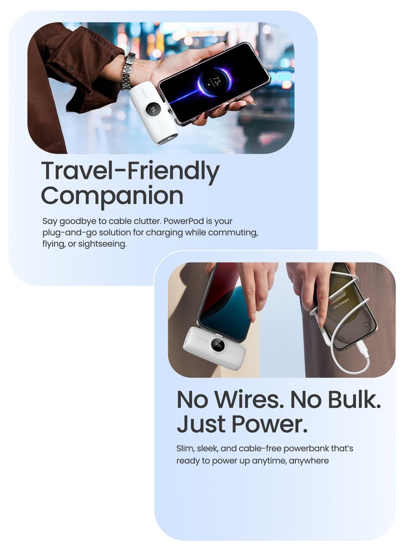 Faster S5K PowerPod, Mini Power Bank- Portable Powerbank LED Display, 20W Fast Charging, USB-C 5000mAh with Attached iPhone Cable- Portable Charger Compatible for iOS and Android- Built-in Connector Extend Power Pack Ultra Small, Ultra Compact Portable Mini Charger for Mobiles and Tablets (White)  - Image 5